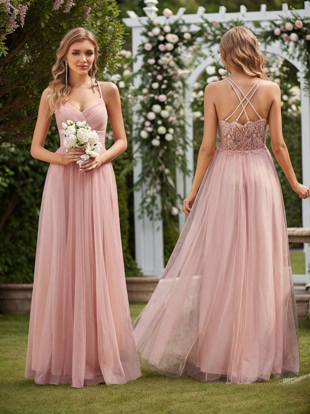 EVERPRETTY Elegant Lace Contrast Mesh Backless Pink Bridesmaid Dress, Suitable For Spring/Summer Weddings,