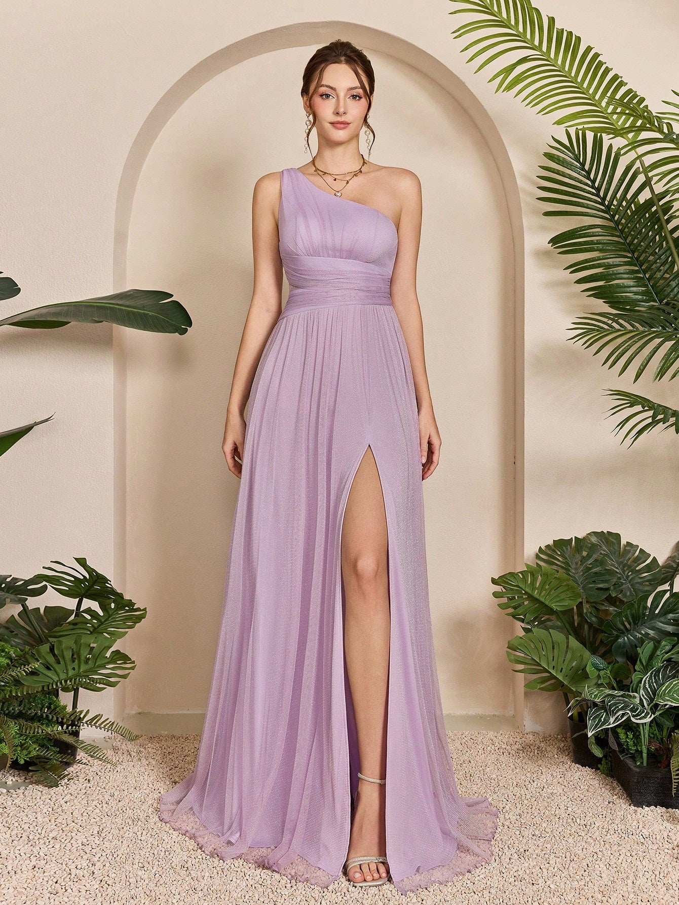 Summer Elegant Brown Glitter Mesh Asymmetrical One-Shoulder Ruched