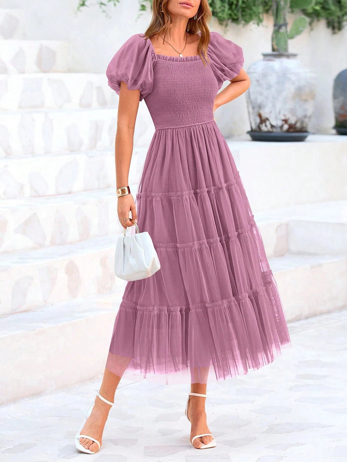 Women's Summer Pleated Mid-Length Tulle Dress Puffy Short Sleeve