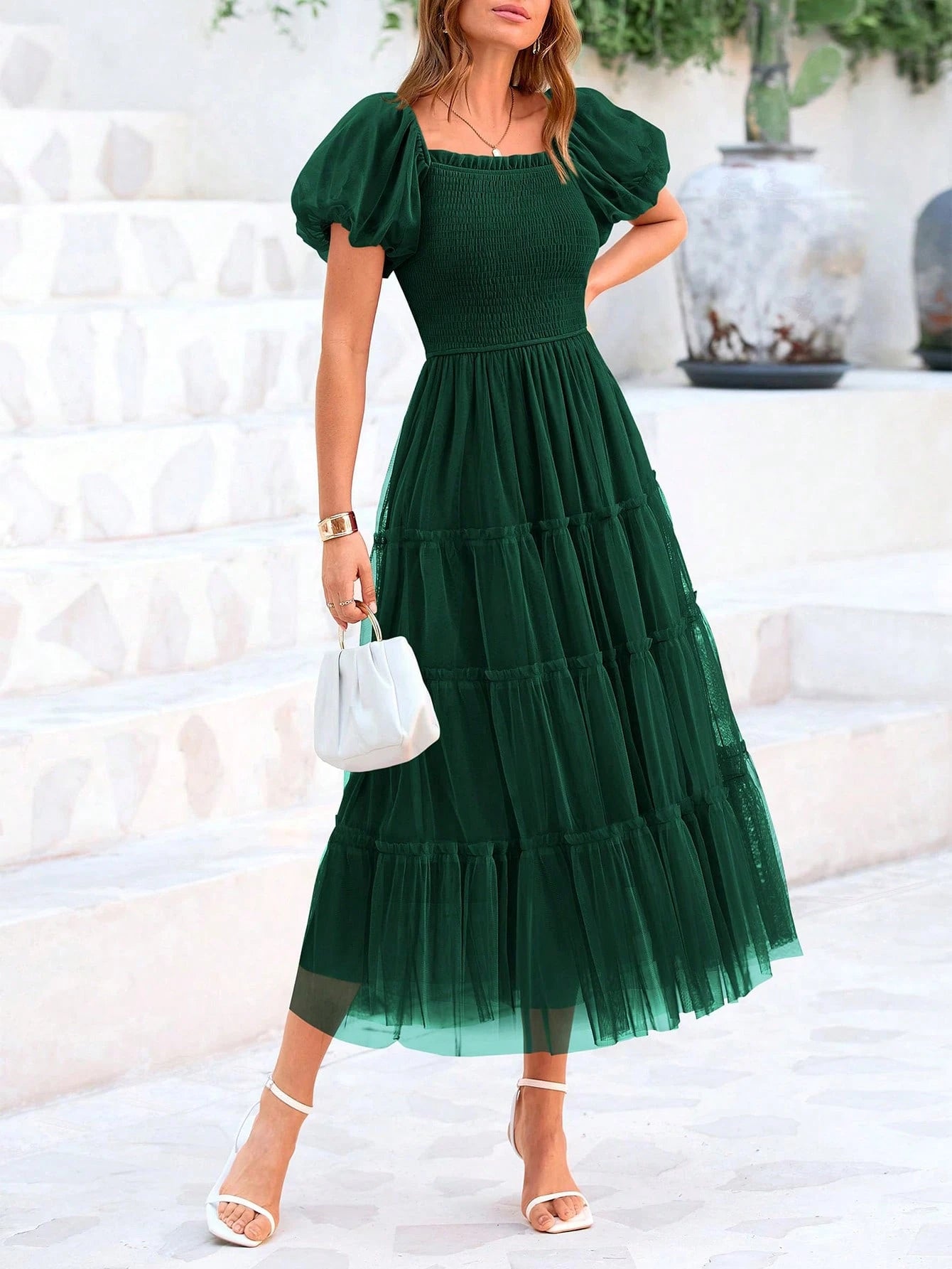Women's Summer Pleated Mid-Length Tulle Dress Puffy Short Sleeve