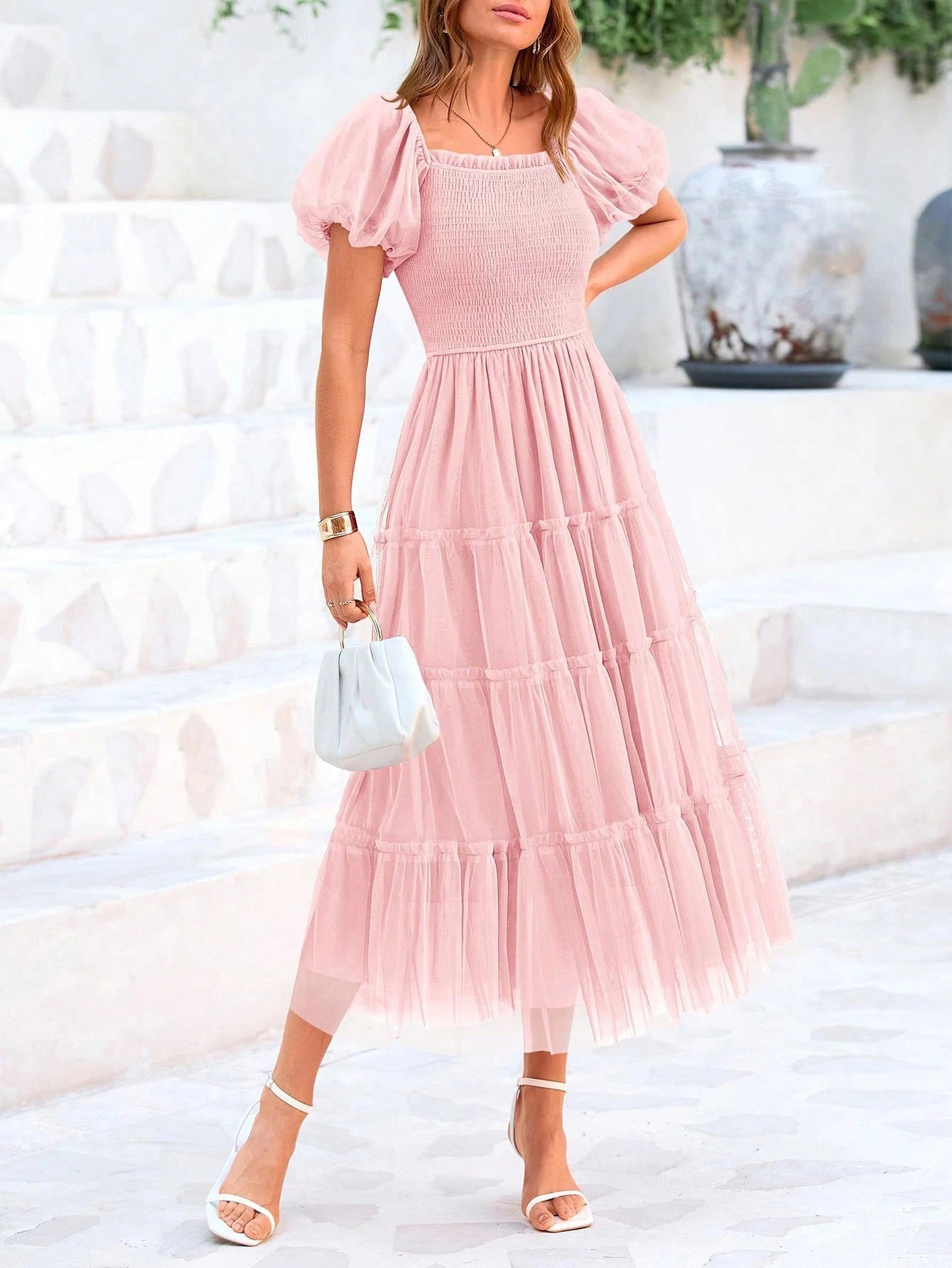 Women's Summer Pleated Mid-Length Tulle Dress Puffy Short Sleeve
