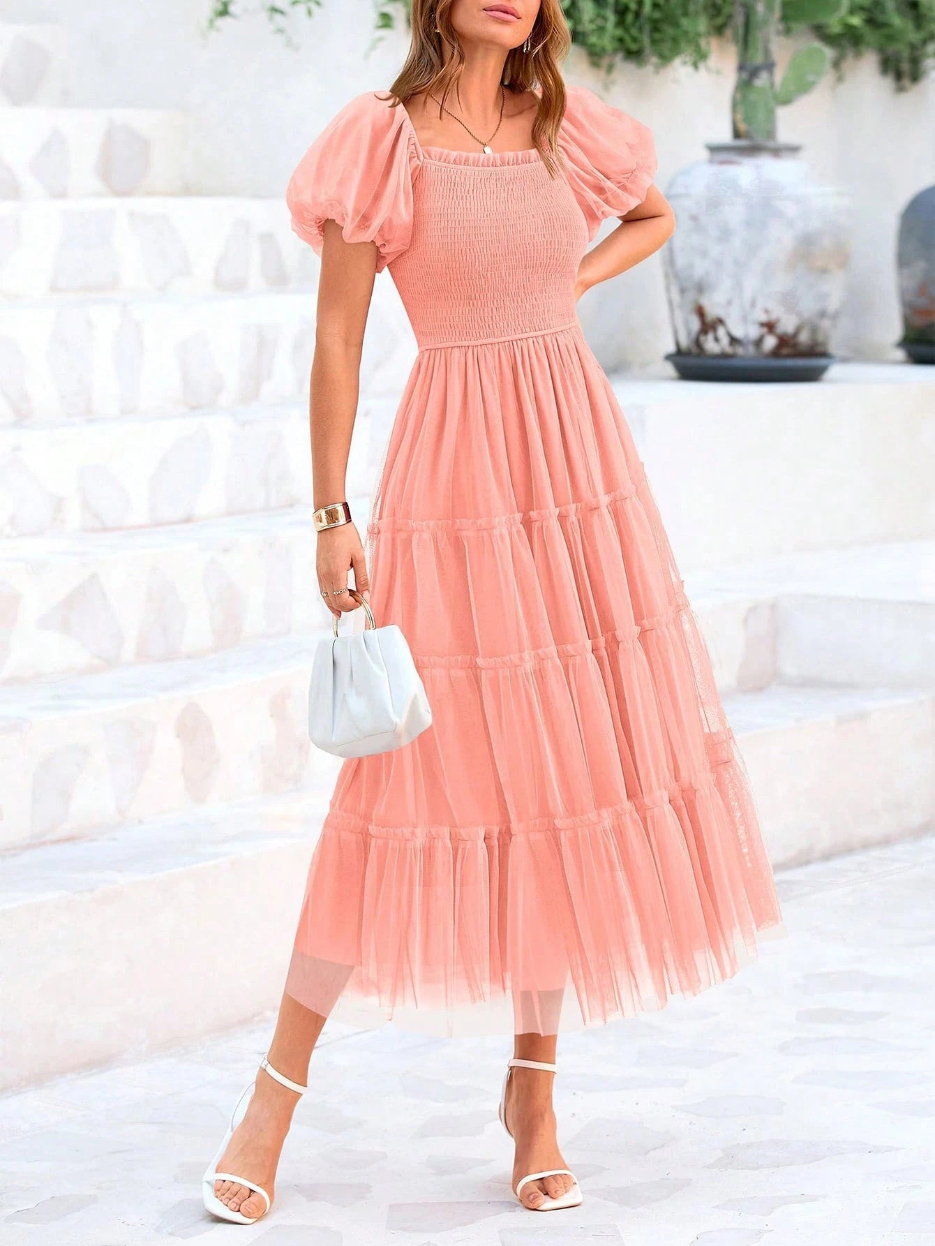 Women's Summer Pleated Mid-Length Tulle Dress Puffy Short Sleeve