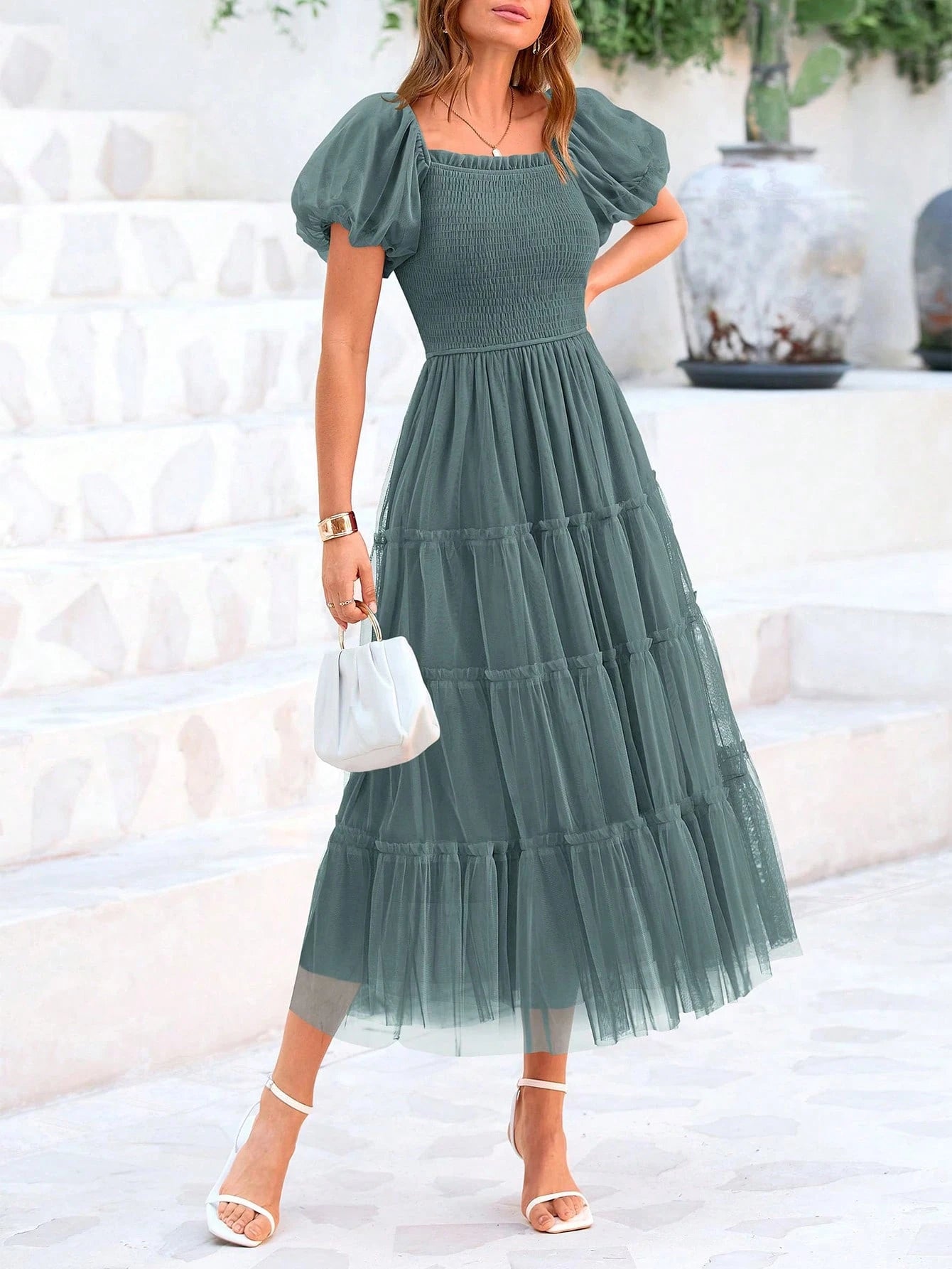 Women's Summer Pleated Mid-Length Tulle Dress Puffy Short Sleeve