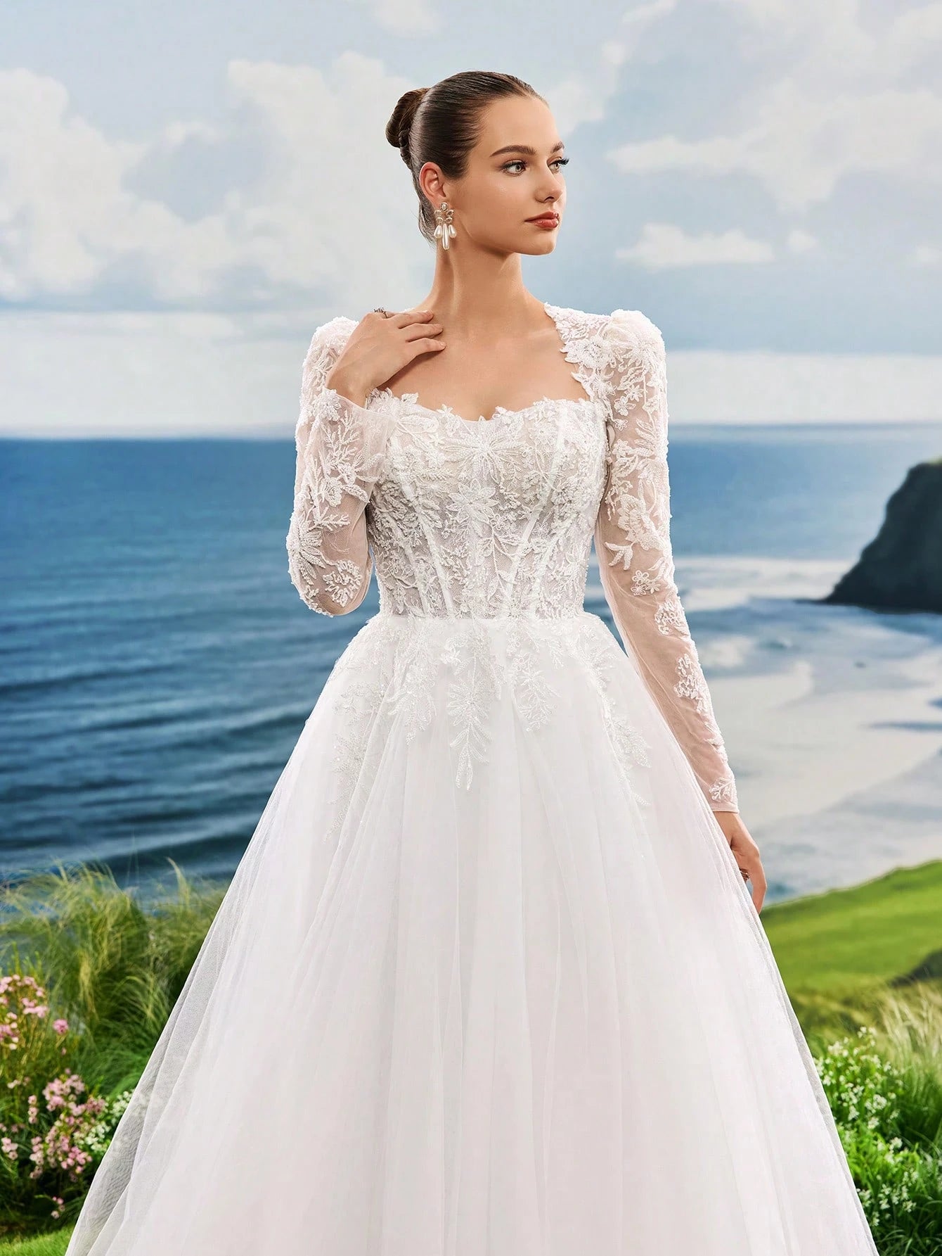Elasola Luxury Beaded Lace Long Sleeve Tulle Bridal Gown With Sweep Train, Romantic Elegant Princess Style - image 4
