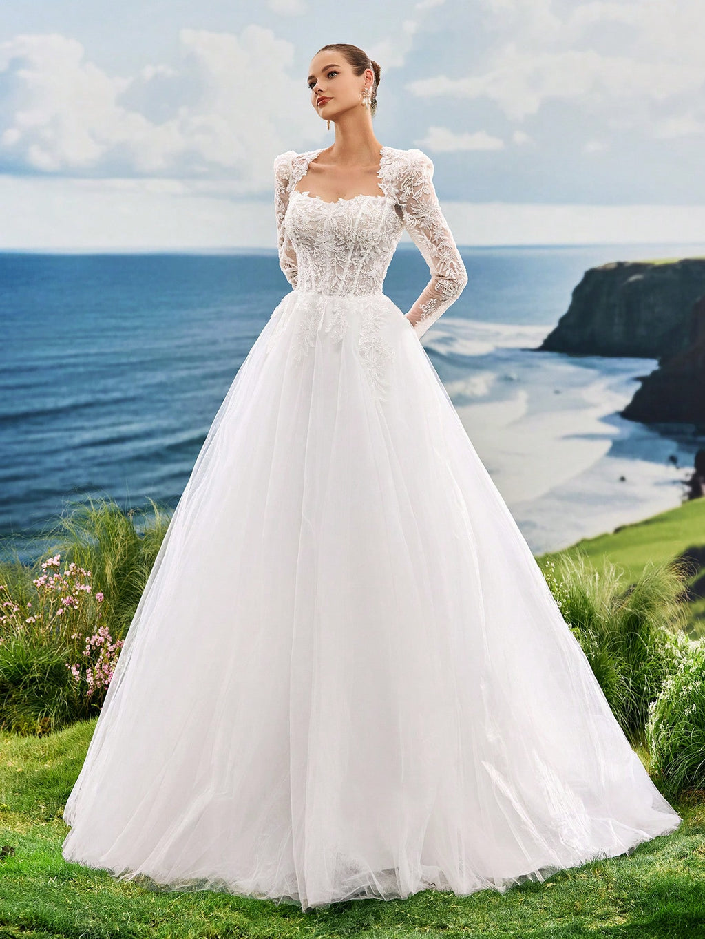 Luxury Beaded Lace Long Sleeve Tulle Wedding Dress With Train, Romantic Elegant Princess Style Bridal Gown, - image 7