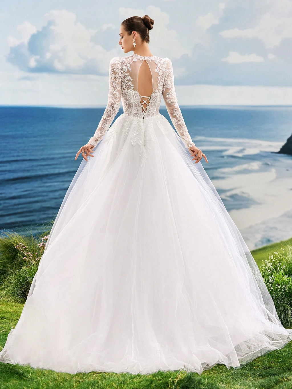 Elasola Luxury Beaded Lace Long Sleeve Tulle Bridal Gown With Sweep Train, Romantic Elegant Princess Style - image 2