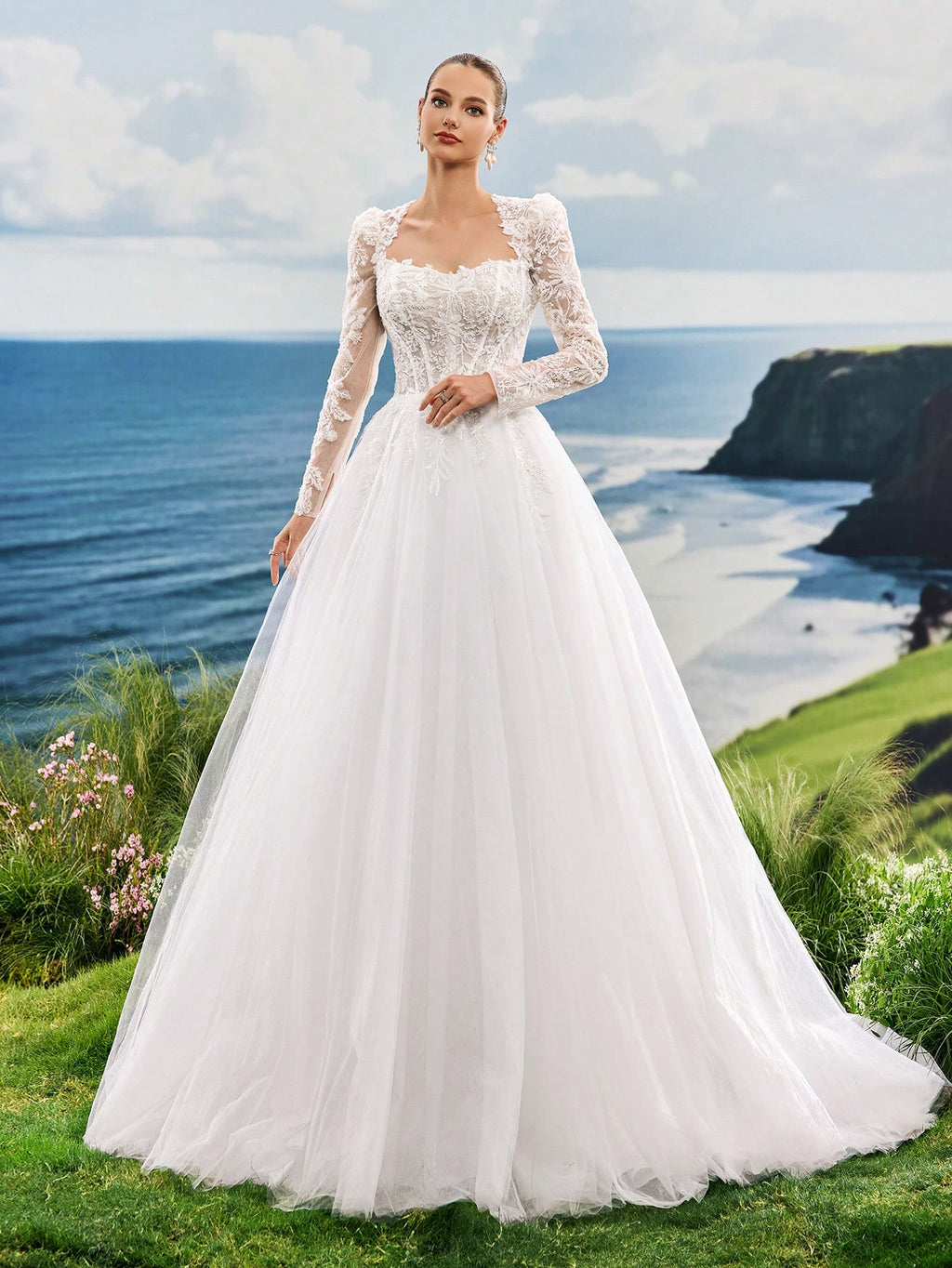 Elasola Luxury Beaded Lace Long Sleeve Tulle Bridal Gown With Sweep Train, Romantic Elegant Princess Style
