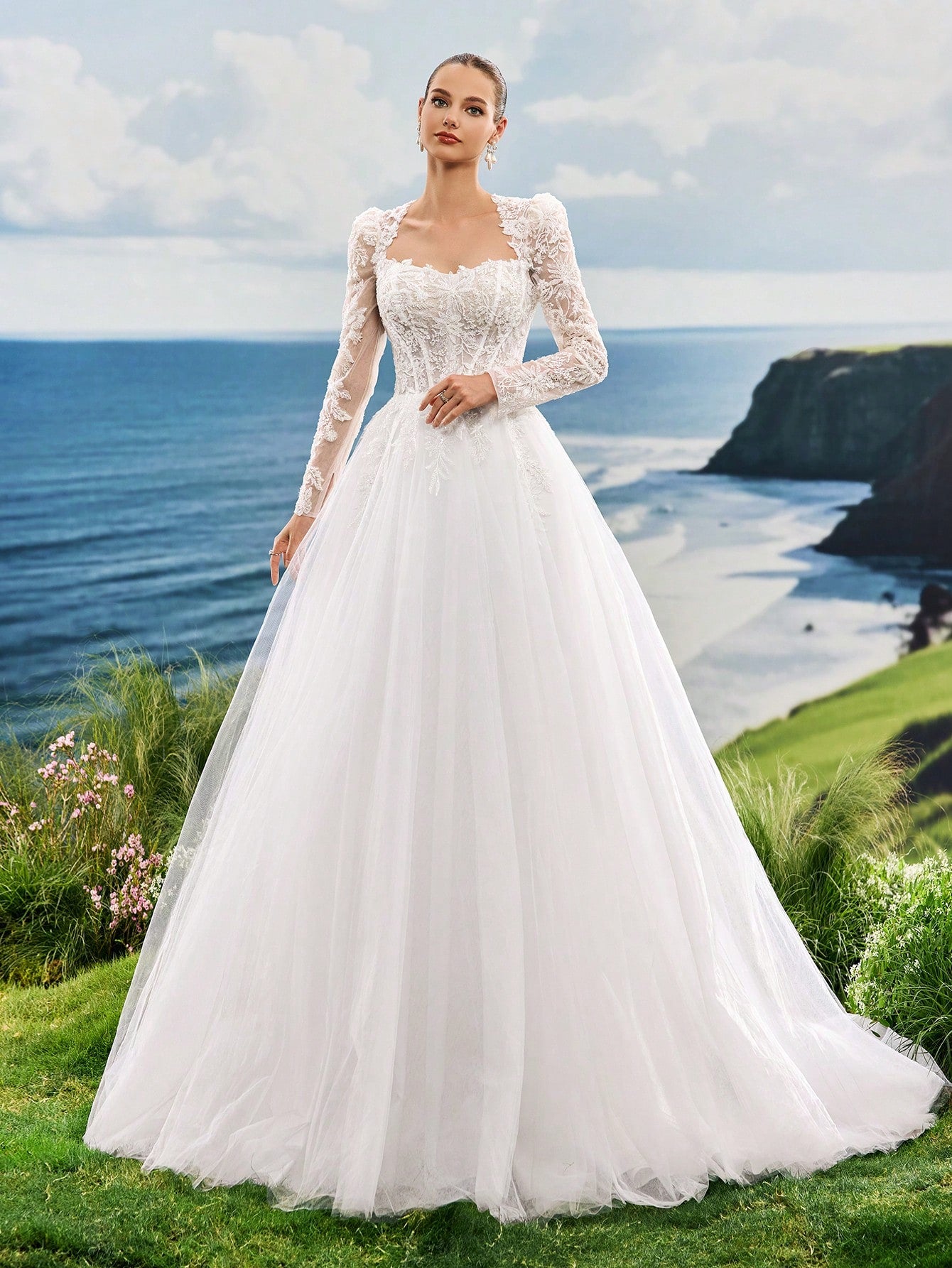 Luxury Beaded Lace Long Sleeve Tulle Wedding Dress With Train, Romantic Elegant Princess Style Bridal Gown,