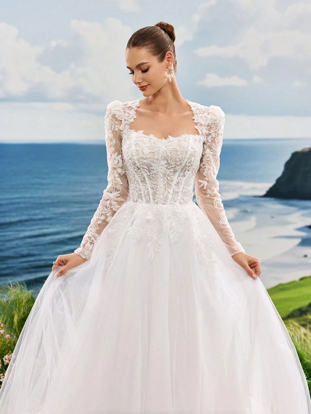 Luxury Beaded Lace Long Sleeve Tulle Wedding Dress With Train, Romantic Elegant Princess Style Bridal Gown, - image 5