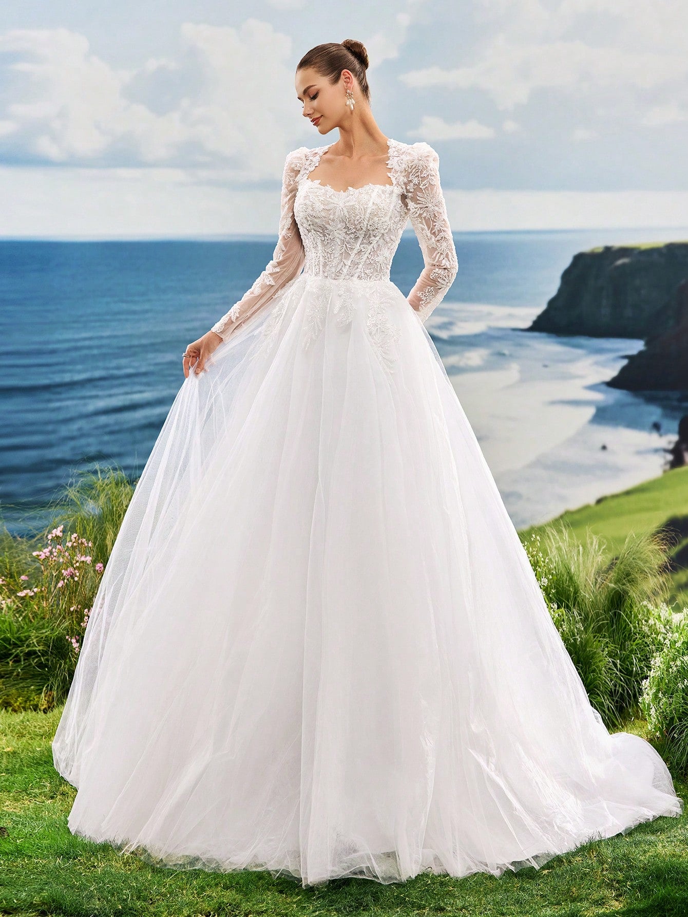 Elasola Luxury Beaded Lace Long Sleeve Tulle Bridal Gown With Sweep Train, Romantic Elegant Princess Style - image 8
