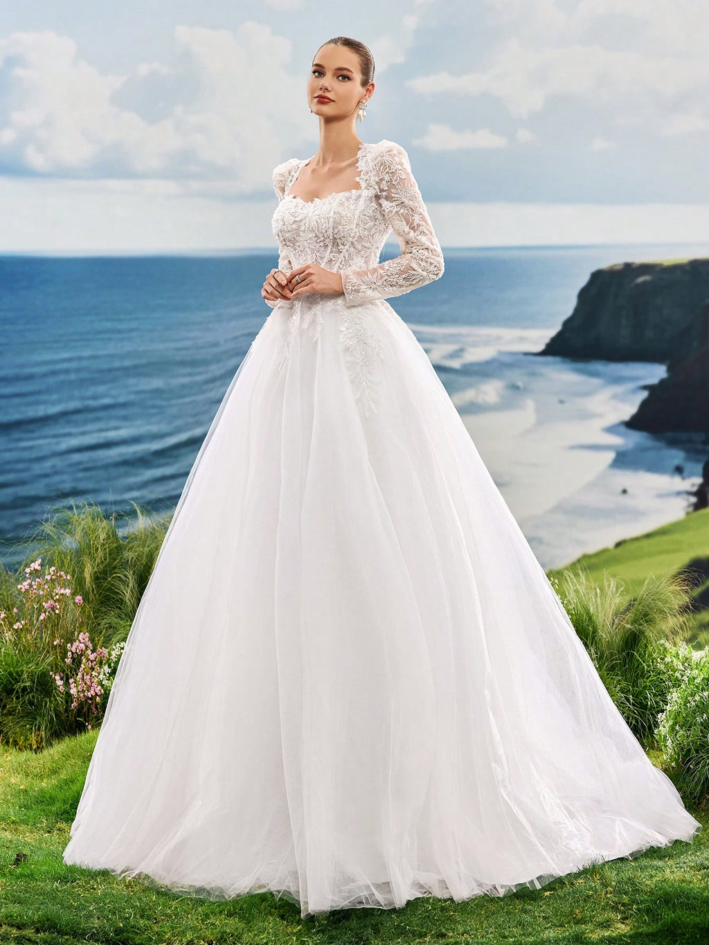 Luxury Beaded Lace Long Sleeve Tulle Wedding Dress With Train, Romantic Elegant Princess Style Bridal Gown, - image 6
