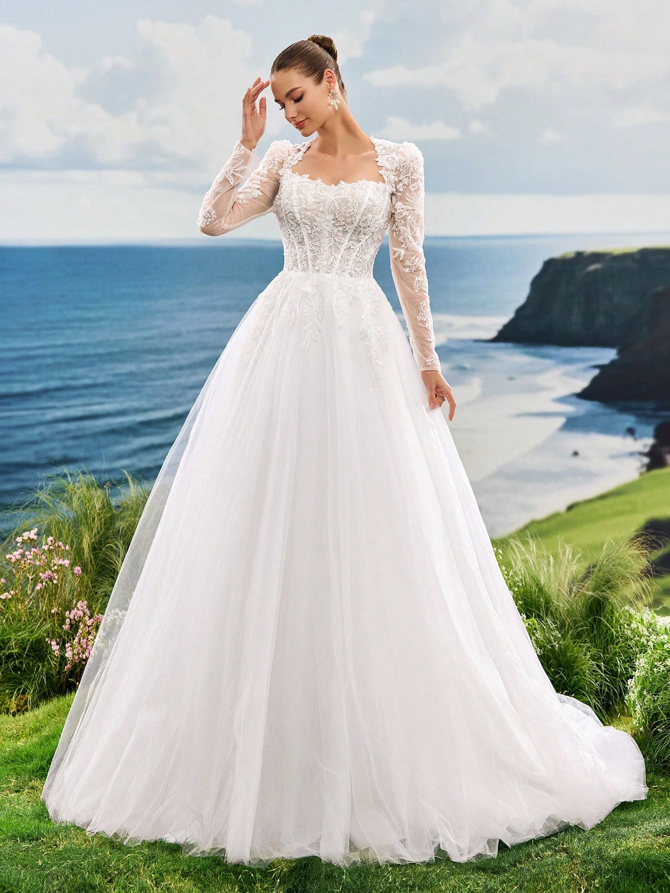 Elasola Luxury Beaded Lace Long Sleeve Tulle Bridal Gown With Sweep Train, Romantic Elegant Princess Style - image 3