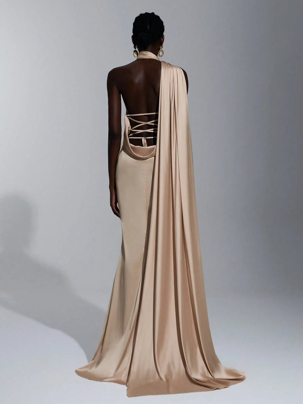 Elitara Champagne Spring Elegant Dinner Evening Satin Mermaid Skirt Dress, Backless Lace-Up Slim-Fitting