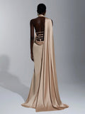 Elitara Champagne Spring Elegant Dinner Evening Satin Mermaid Skirt Dress, Backless Lace-Up Slim-Fitting