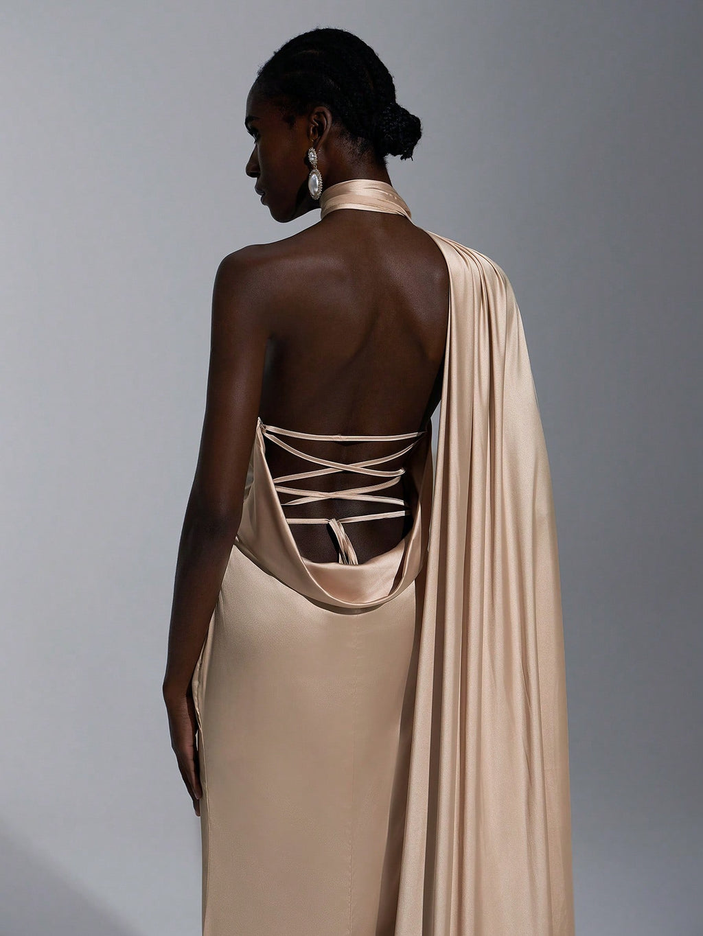 Elitara Champagne Spring Elegant Dinner Evening Satin Mermaid Skirt Dress, Backless Lace-Up Slim-Fitting - image 3