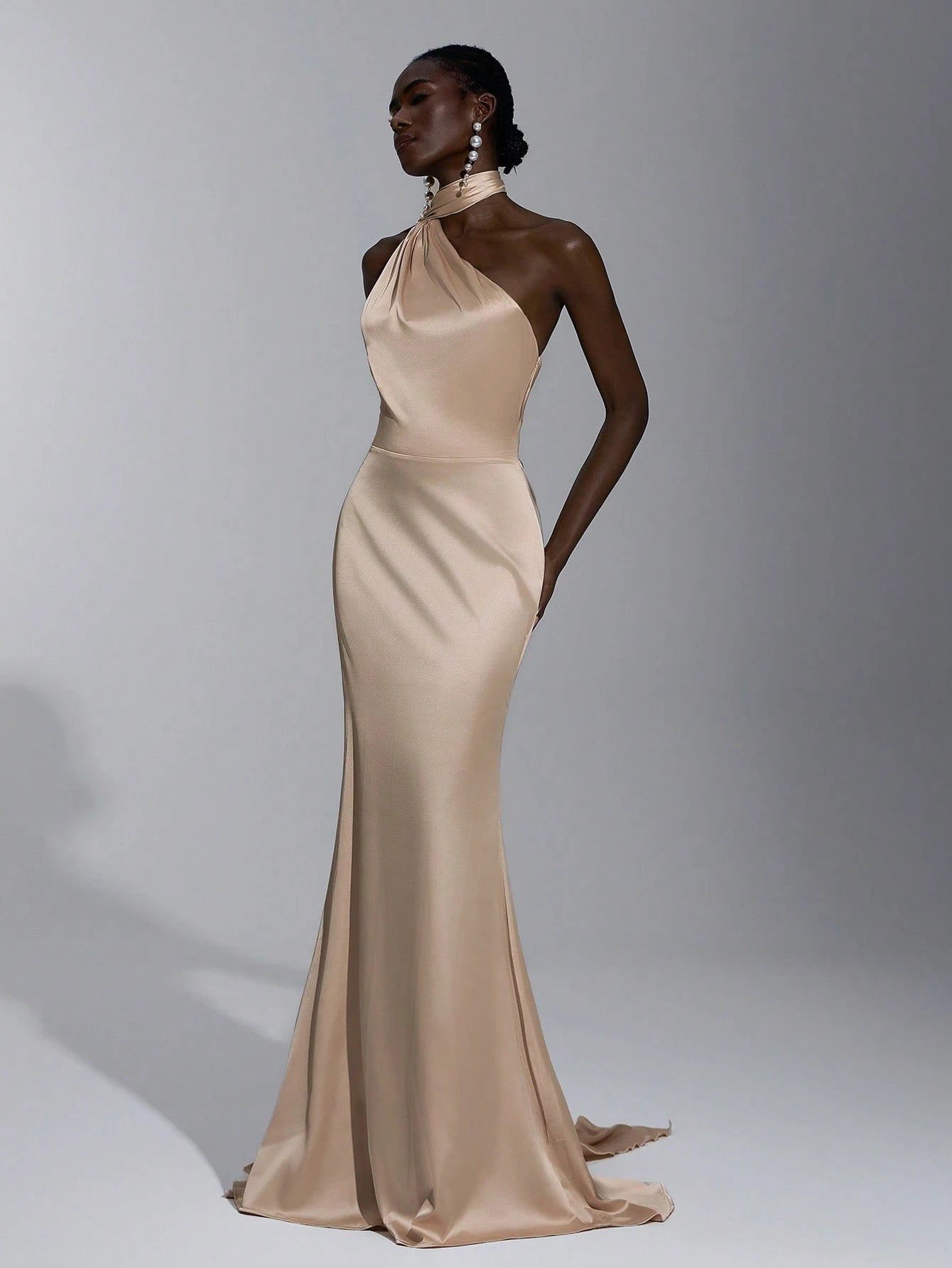 Elitara Champagne Spring Elegant Dinner Evening Satin Mermaid Skirt Dress, Backless Lace-Up Slim-Fitting - image 7