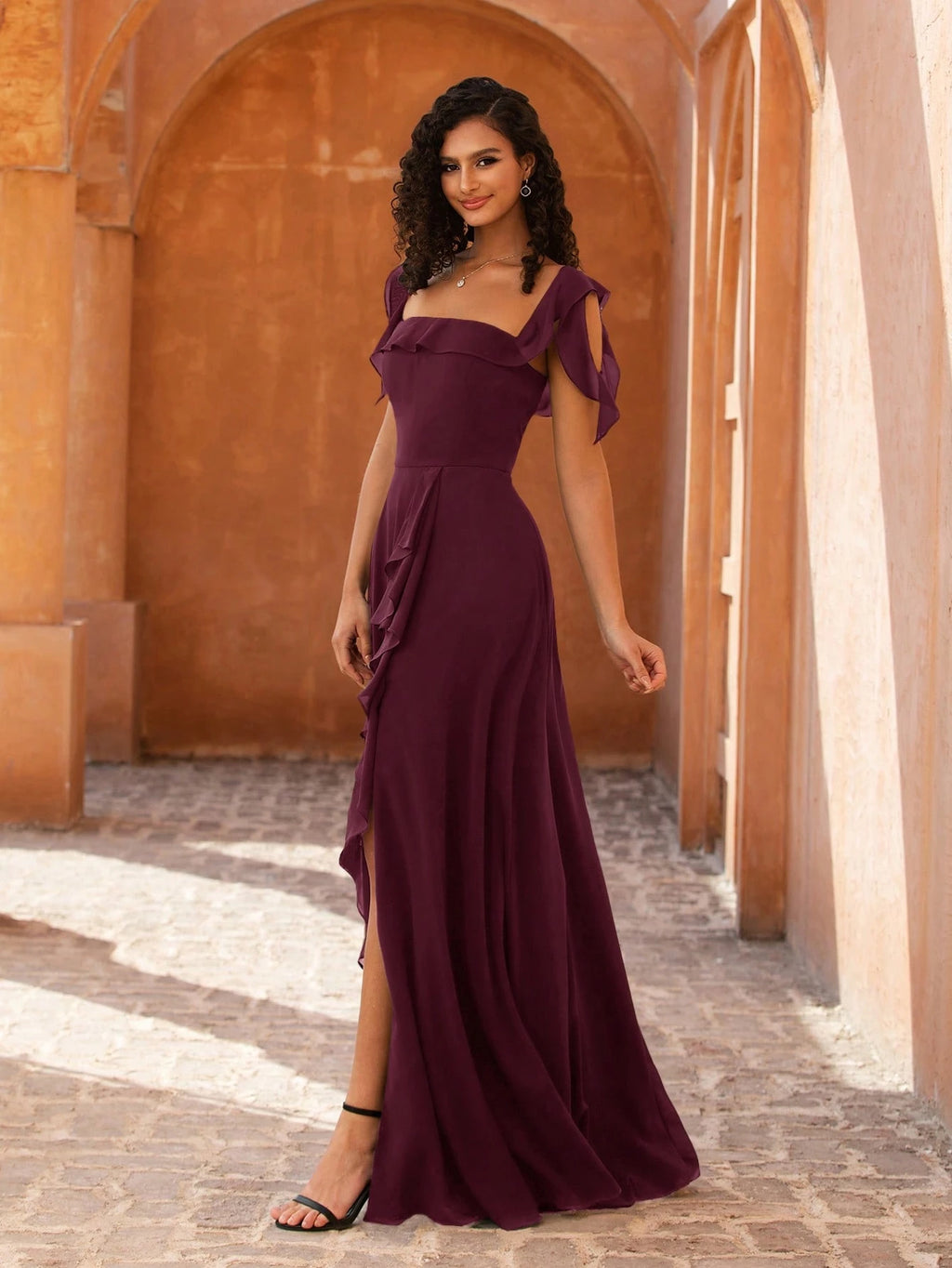 MOEVIO Women's Elegant Open Shoulder Ruffle Sleeve A-Line Thigh-High Slit Bridesmaid Wedding Guest Formal - image 15