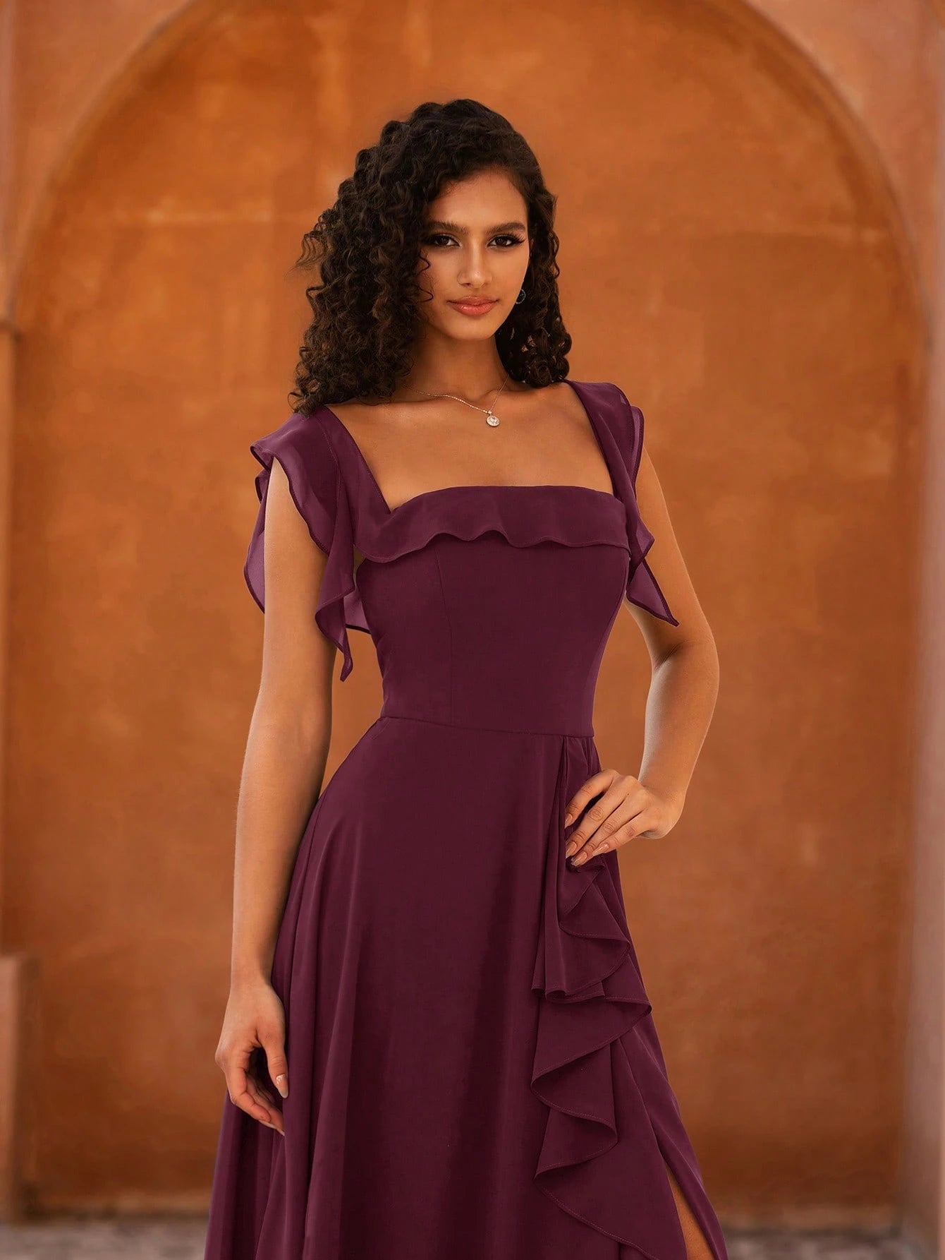 MOEVIO Women's Elegant Open Shoulder Ruffle Sleeve A-Line Thigh-High Slit Bridesmaid Wedding Guest Formal - image 14