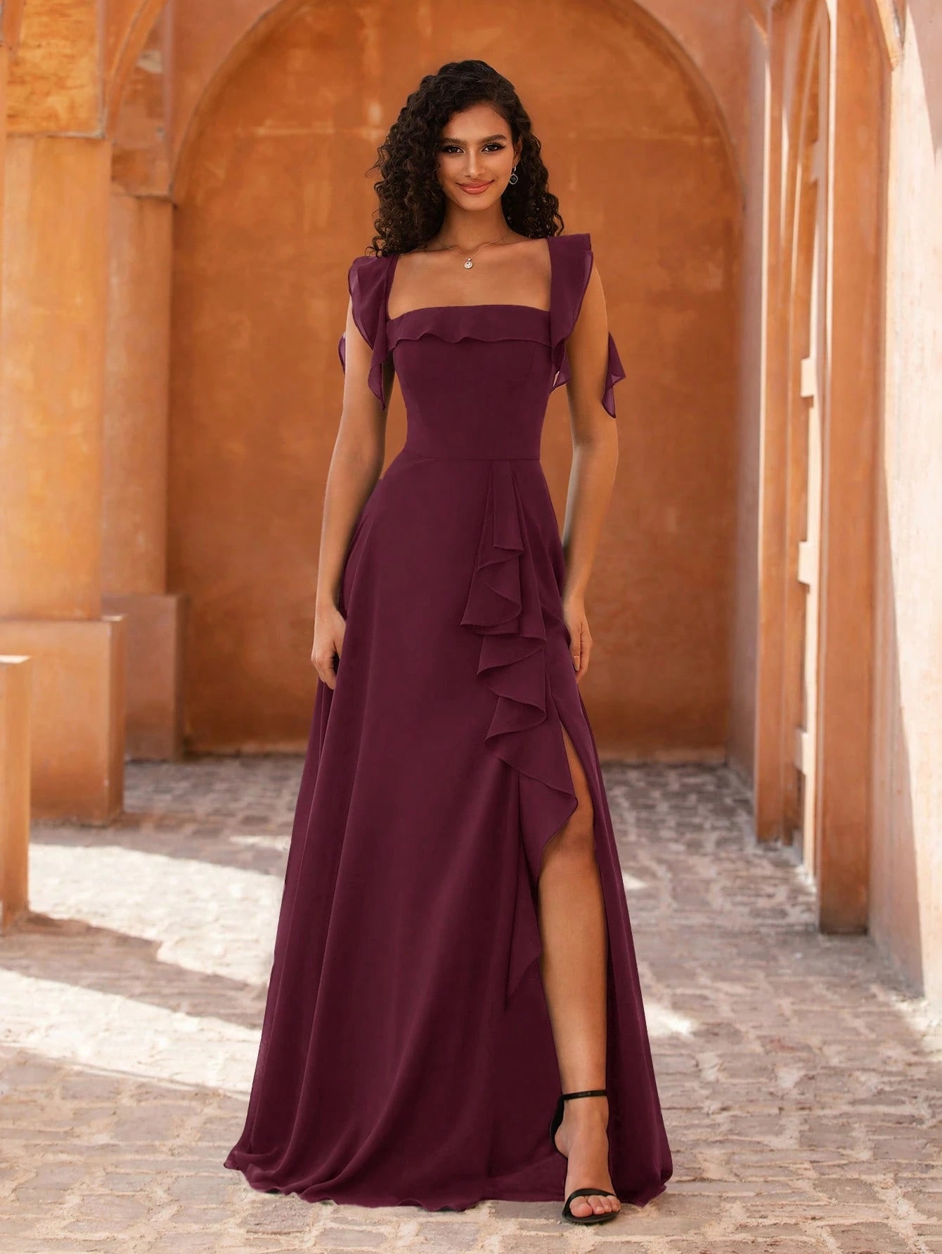 MOEVIO Women's Elegant Open Shoulder Ruffle Sleeve A-Line Thigh-High Slit Bridesmaid Wedding Guest Formal - image 11