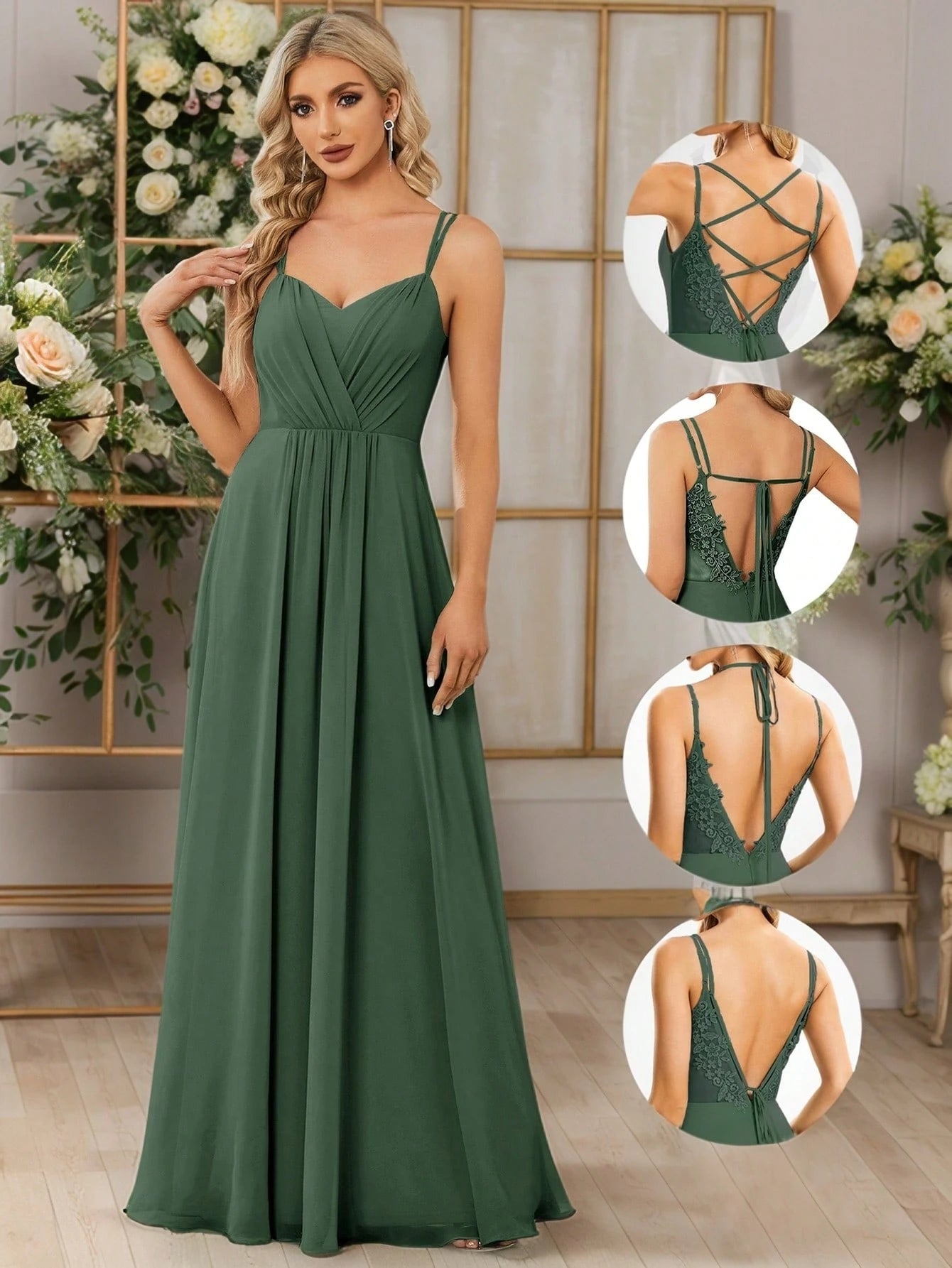 EVERPRETTY Elegant Chiffon Backless Floral Embroidered Sage Green
