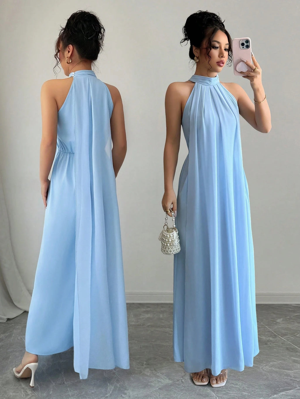 Rafferiza Women's Light Blue Halter Elegant Long Maxi Sundress,