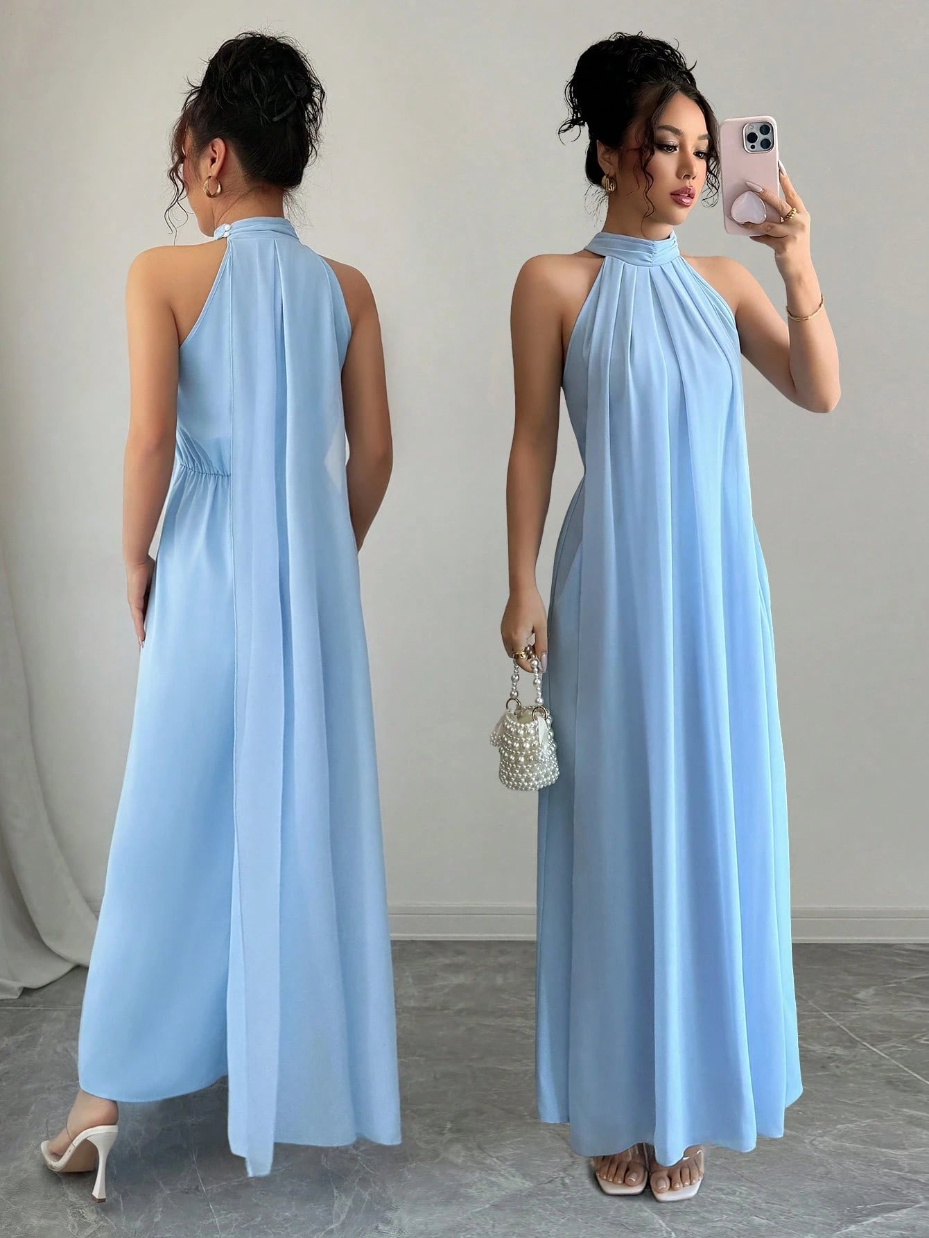 Rafferiza Women's Light Blue Halter Elegant Long Maxi Sundress,