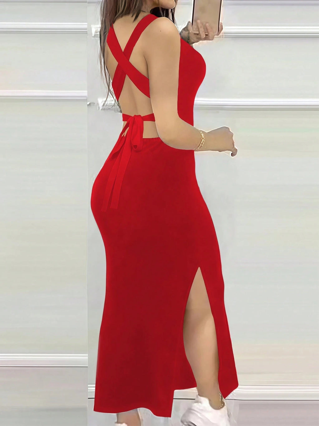 INAWLY Tight Fitted Sexy Low Neck Backless Criss-Cross Strap Slit