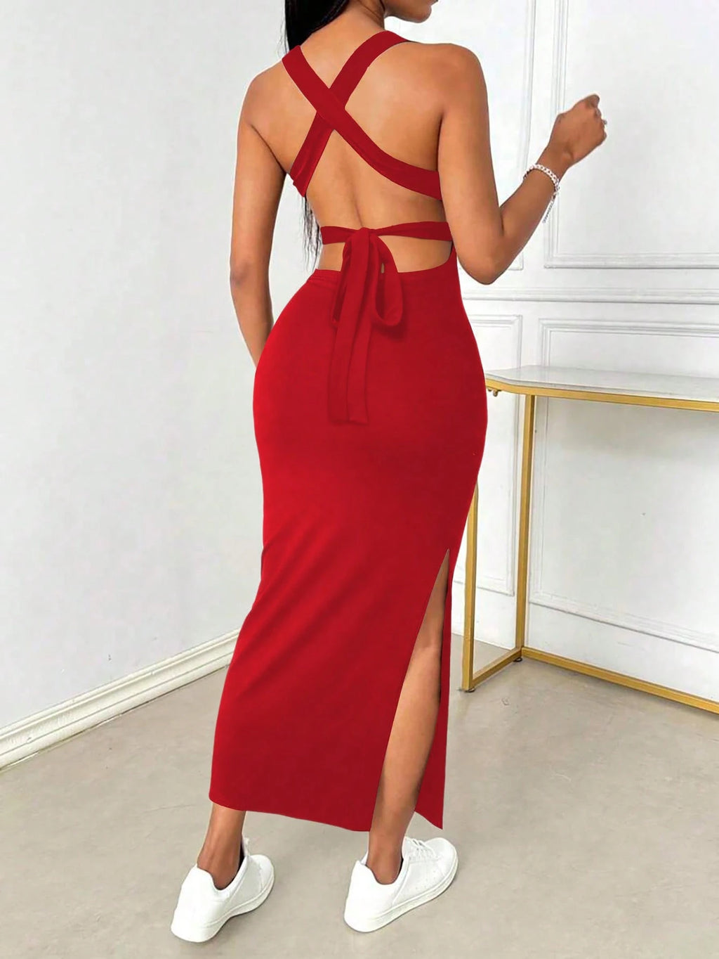 INAWLY Tight Fitted Sexy Low Neck Backless Criss-Cross Strap Slit