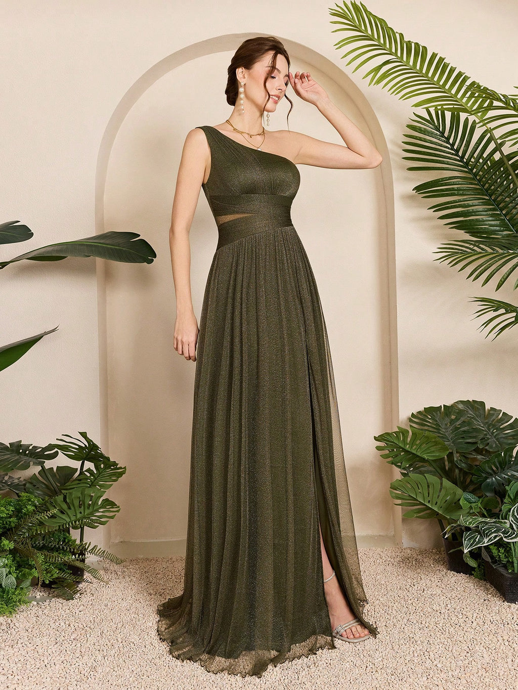 Summer Elegant Brown Glitter Mesh Asymmetrical One-Shoulder Ruched Maxi Evening Gown, High Slit Flowy - image 6
