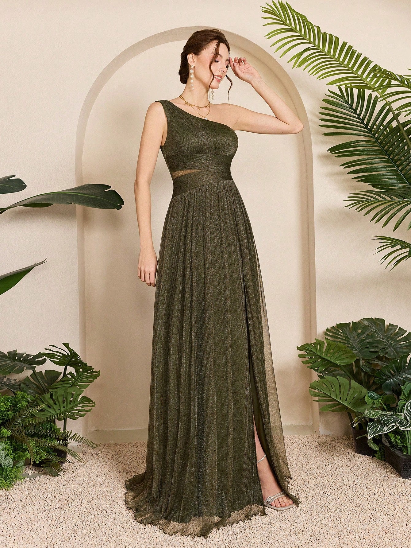 Summer Elegant Brown Glitter Mesh Asymmetrical One-Shoulder Ruched Maxi Evening Gown, High Slit Flowy - image 6