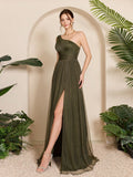 Summer Elegant Brown Glitter Mesh Asymmetrical One-Shoulder Ruched Maxi Evening Gown, High Slit Flowy