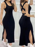 INAWLY Tight Fitted Sexy Low Neck Backless Criss-Cross Strap Slit
