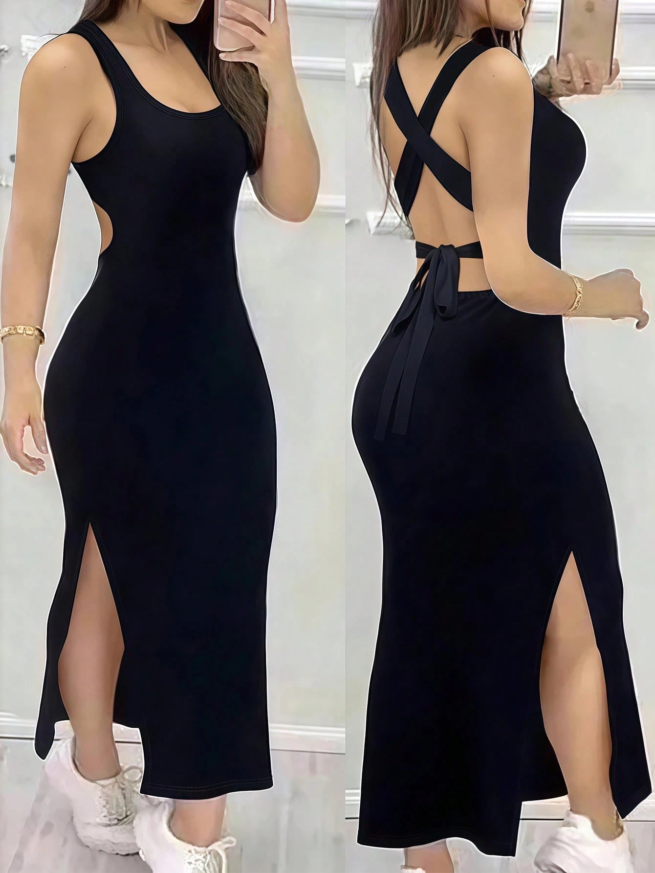 INAWLY Tight Fitted Sexy Low Neck Backless Criss-Cross Strap Slit