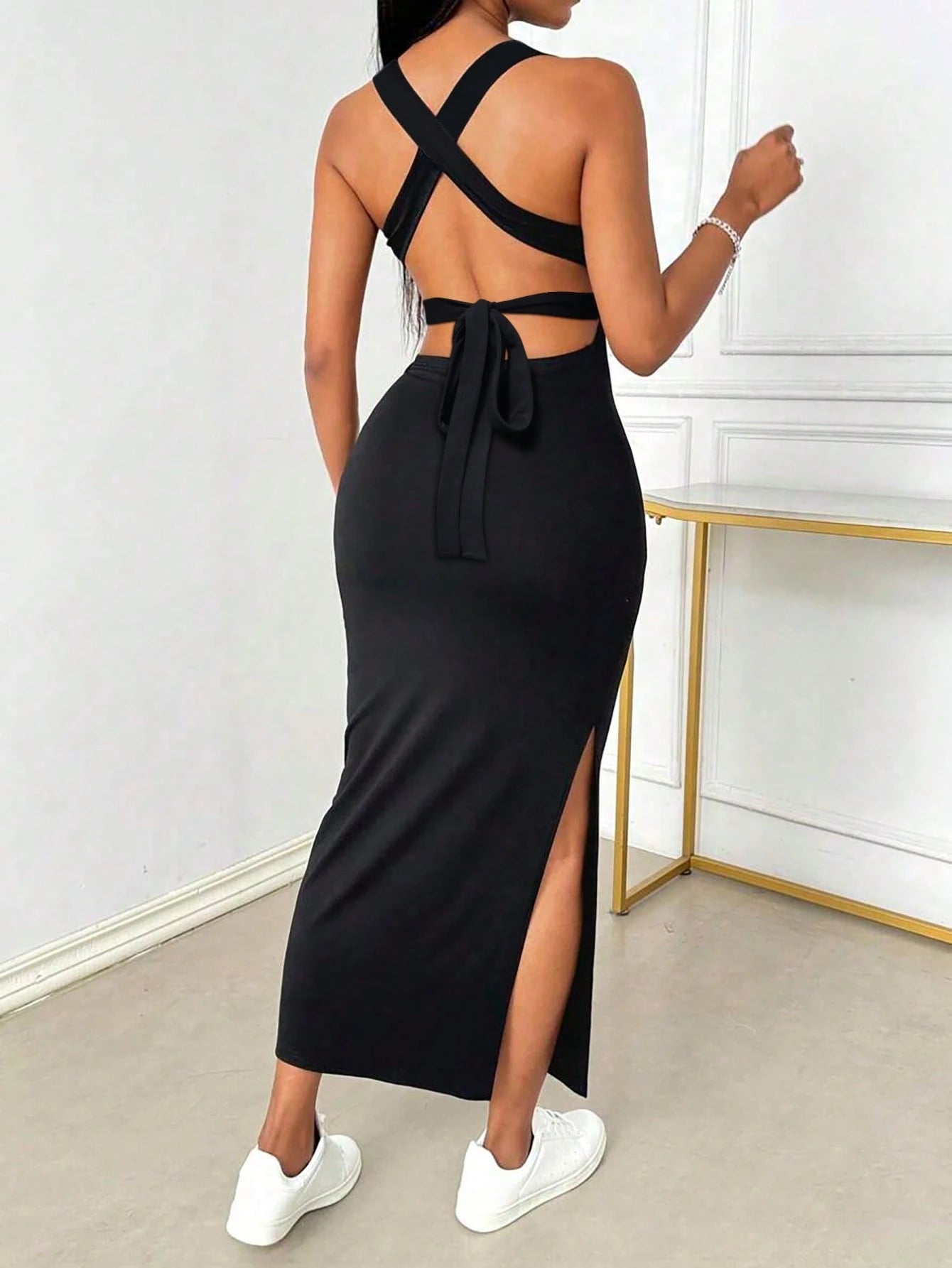 INAWLY Tight Fitted Sexy Low Neck Backless Criss-Cross Strap Slit