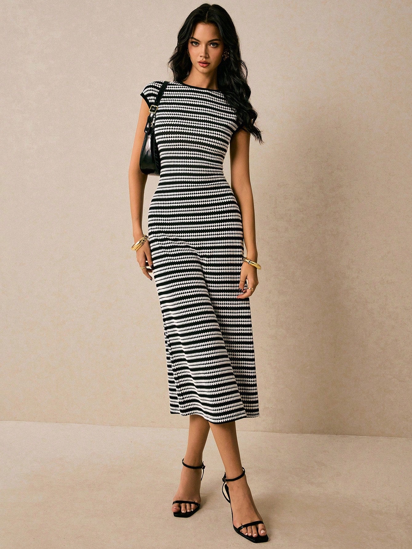 Poéselle Women's Cotton Elegant Black Bodycon Midi Dress For Women – Contrast Trim Ribbed Knit Cap Sleeve - image 10
