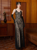 1920s Vintage Style Sequin V-Neck Slip Dress, Elegant For Parties And Formal Events Wedding Black Spring