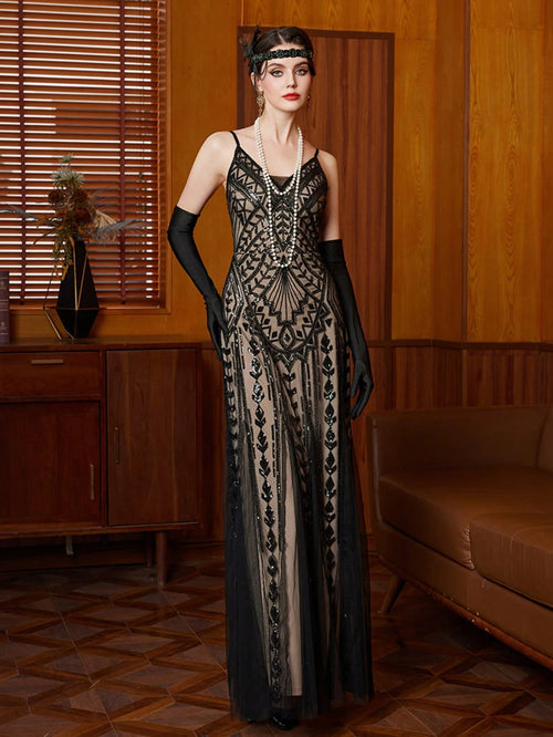 1920s Vintage Style Sequin V-Neck Slip Dress, Elegant For Parties And Formal Events Wedding Black Spring