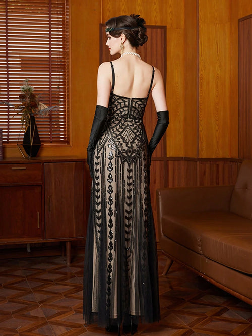 1920s Vintage Style Sequin V-Neck Slip Dress, Elegant For Parties And Formal Events Wedding Black Spring - image 2