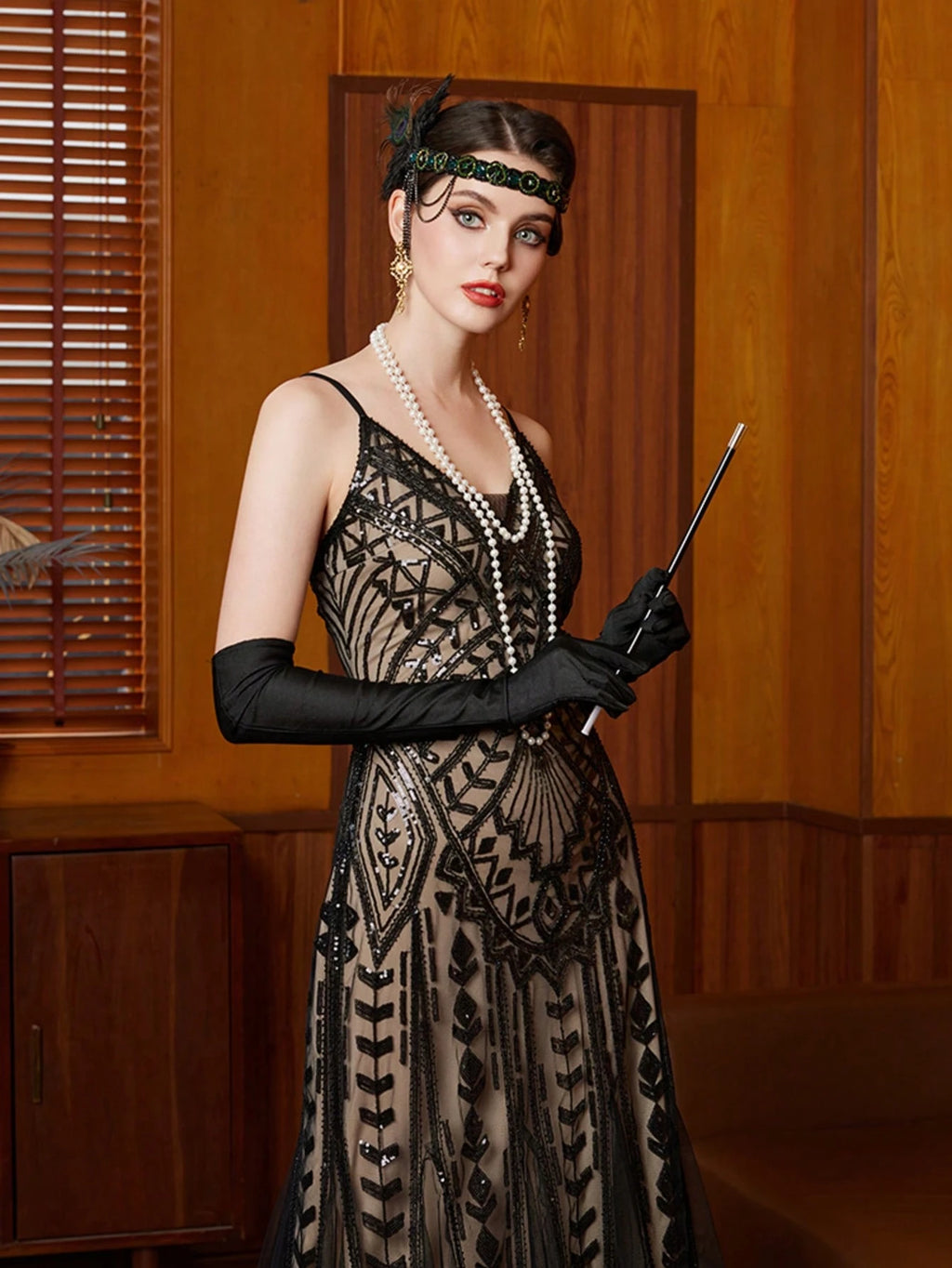 1920s Vintage Style Sequin V-Neck Slip Dress, Elegant For Parties And Formal Events Wedding Black Spring - image 3
