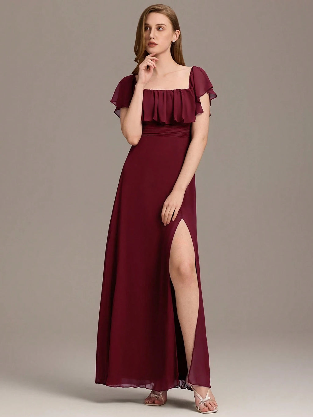 EVERPRETTY Open Shoulder Ruffle Sleeve Side Slit A-Line Chiffon Burgundy Bridesmaid Dress, Wedding Guest - image 3