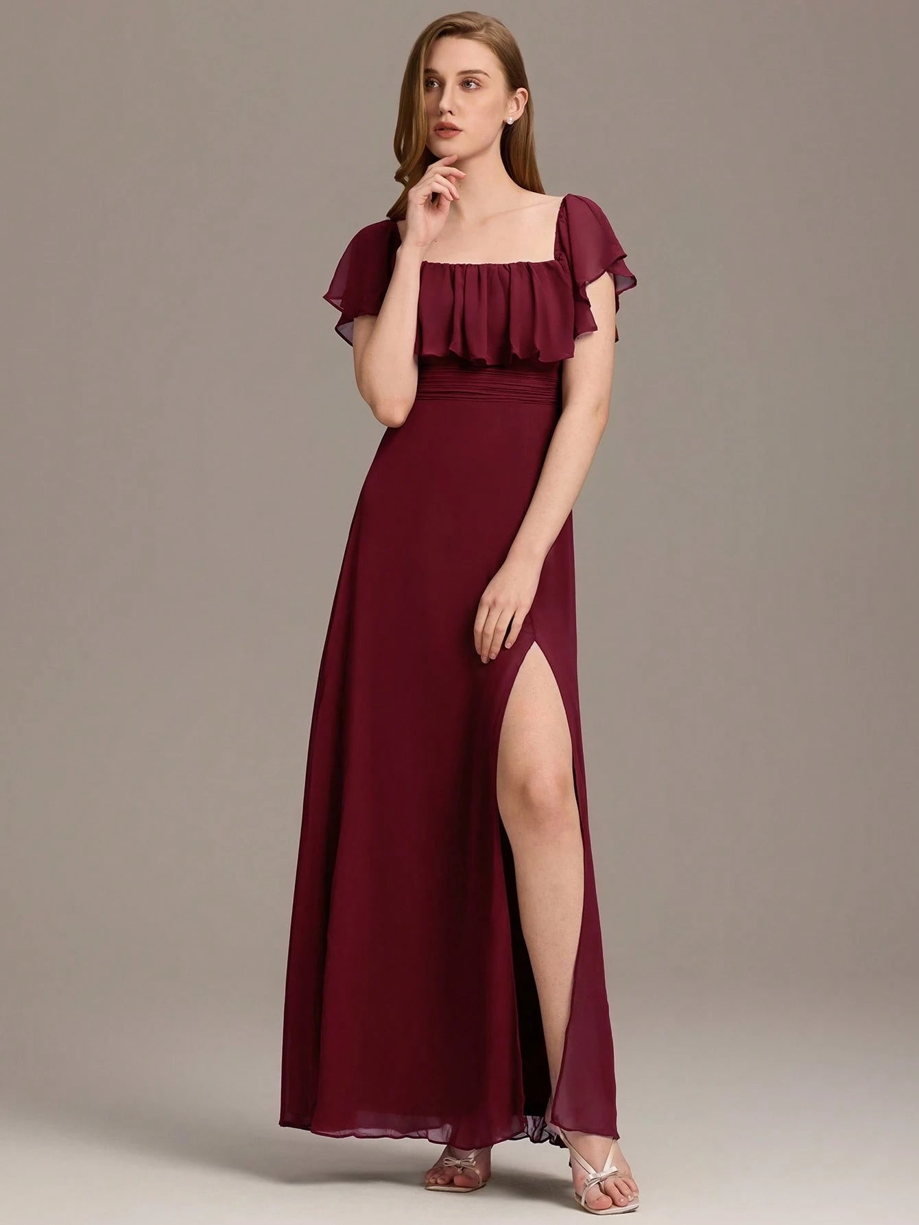 EVERPRETTY Open Shoulder Ruffle Sleeve Side Slit A-Line Chiffon Burgundy Bridesmaid Dress, Wedding Guest - image 3