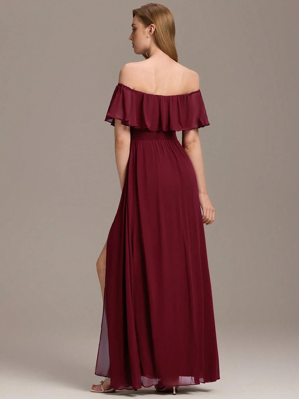 EVERPRETTY Open Shoulder Ruffle Sleeve Side Slit A-Line Chiffon Burgundy Bridesmaid Dress, Wedding Guest - image 2