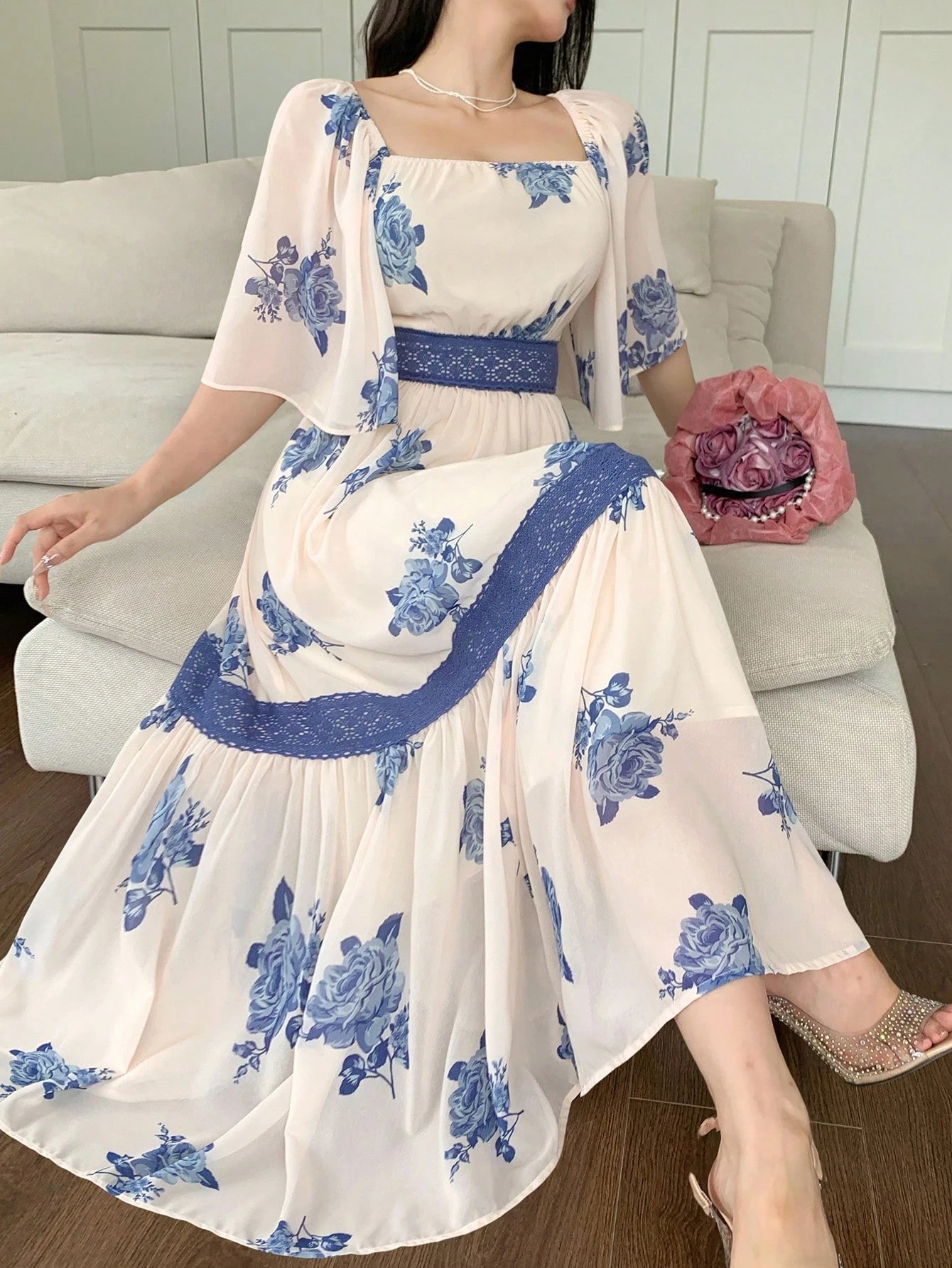 DAZY Contrast Color Lace Full Floral Print Mid-Length Dress For Women