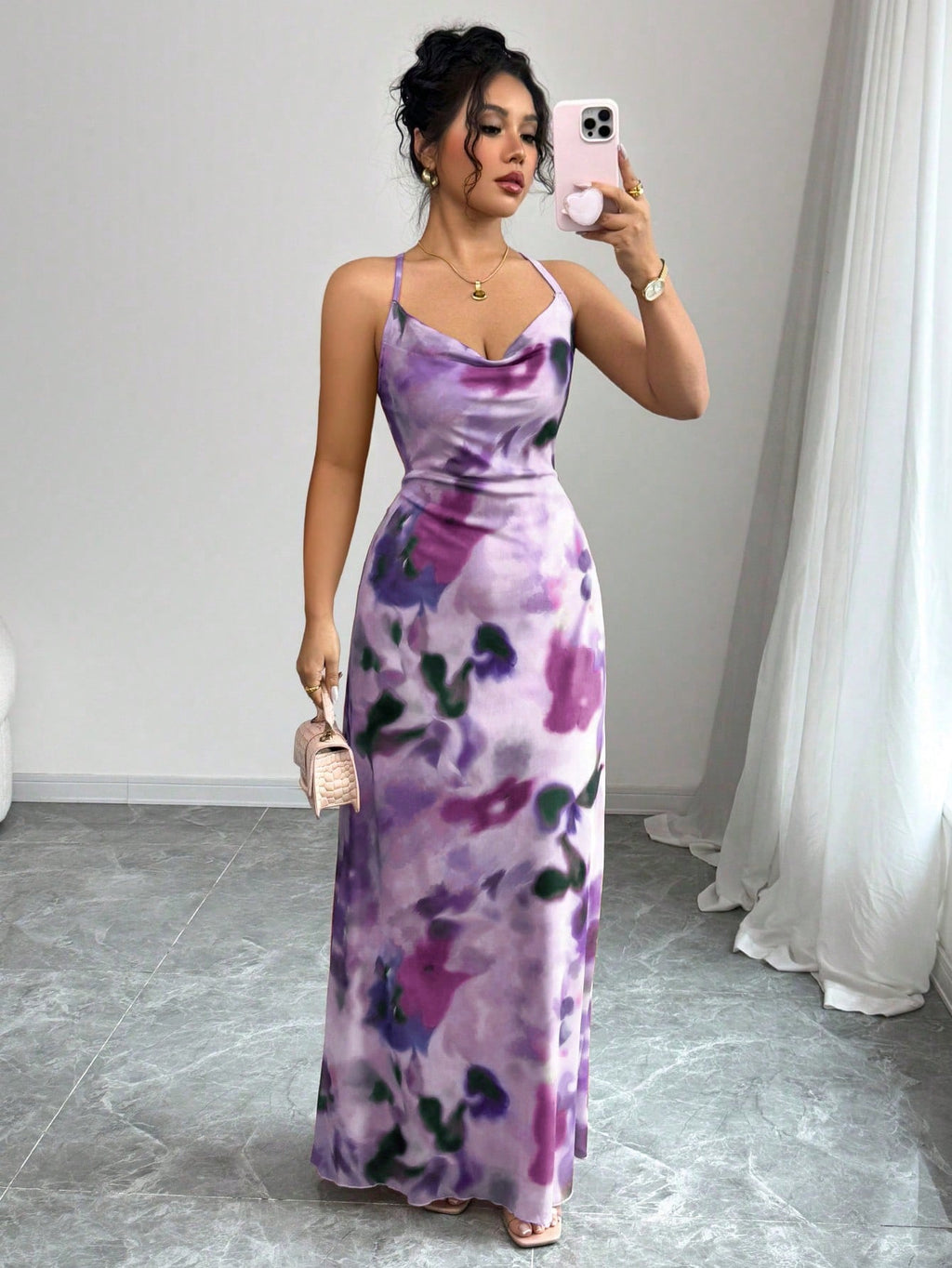 Elenzga Women's Pleated Collar Print Strap Long Dress - image 5