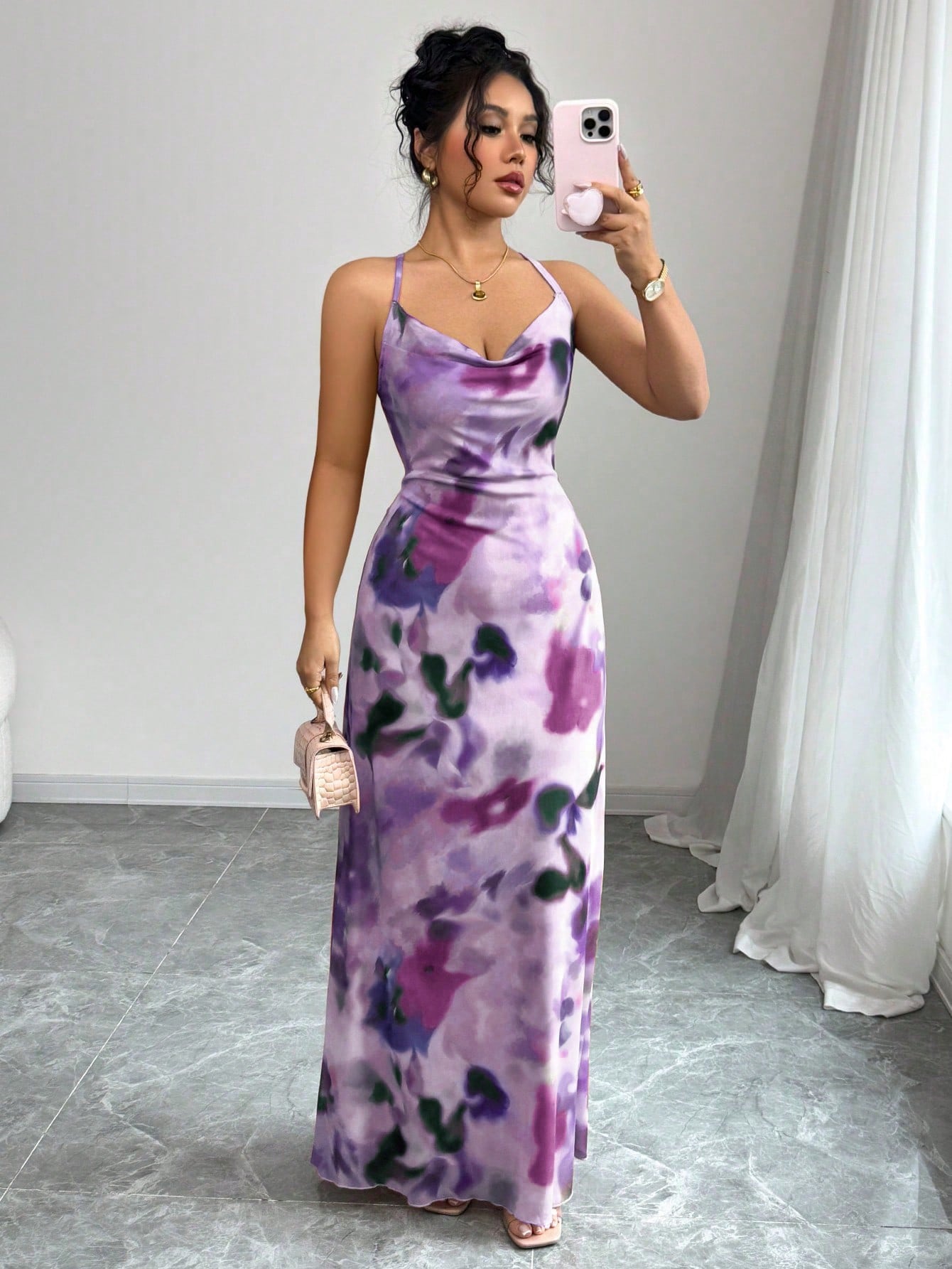Elenzga Women's Pleated Collar Print Strap Long Dress - image 5