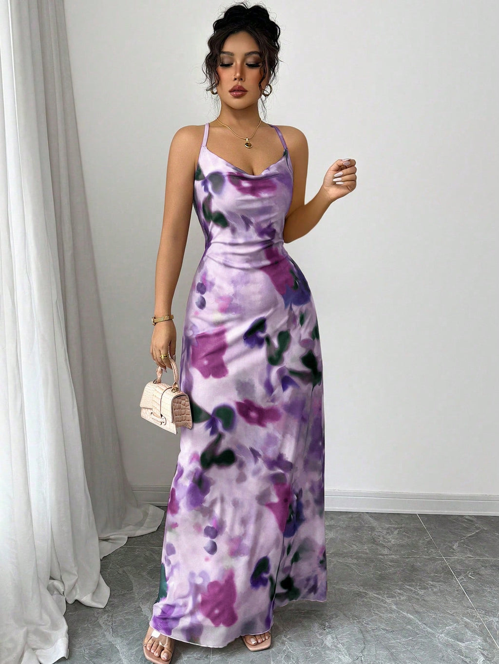 Elenzga Women's Pleated Collar Print Strap Long Dress - image 6