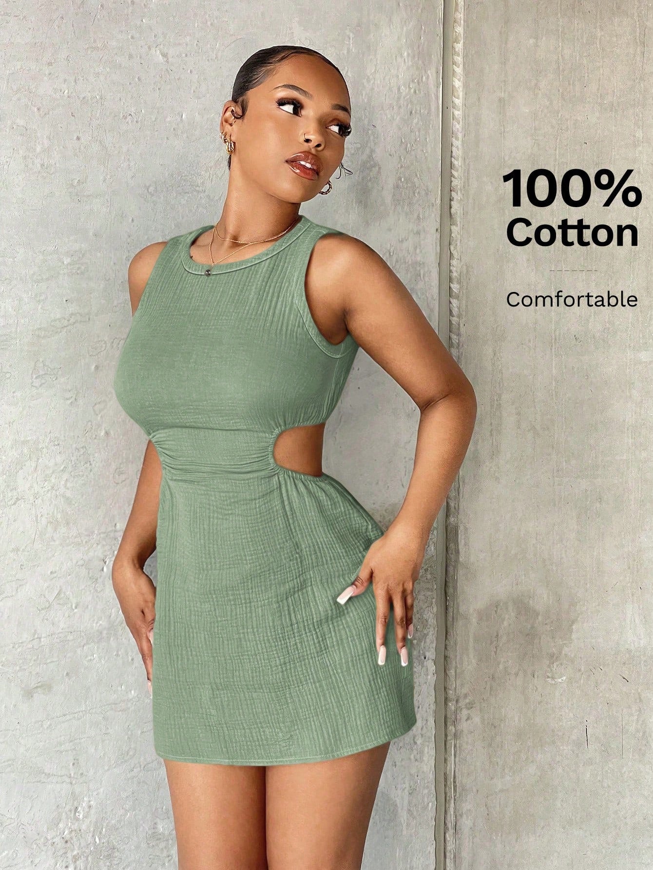 SXY Women's Solid Color Sleeveless Round Neck Cutout Waist Bodycon