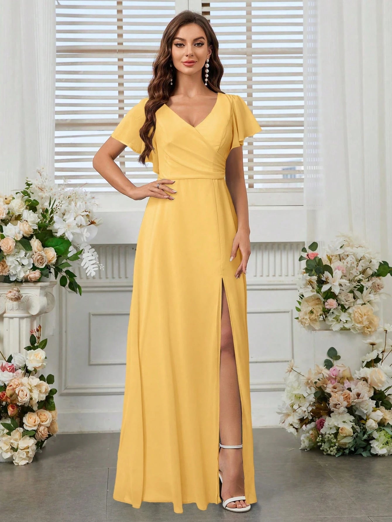 Belle Elegant Women's Light Blue Summer Wedding Bridesmaid Dress,Formal Chiffon Lotus Leaf Floating Sleeves - image 17