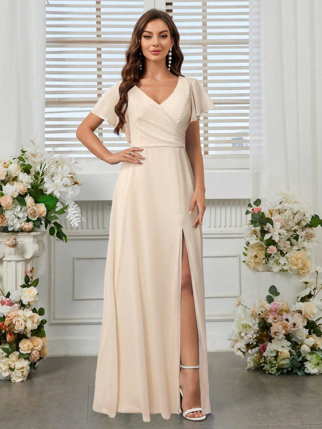 Belle Elegant Women's Light Blue Summer Wedding Bridesmaid Dress,Formal Chiffon Lotus Leaf Floating Sleeves