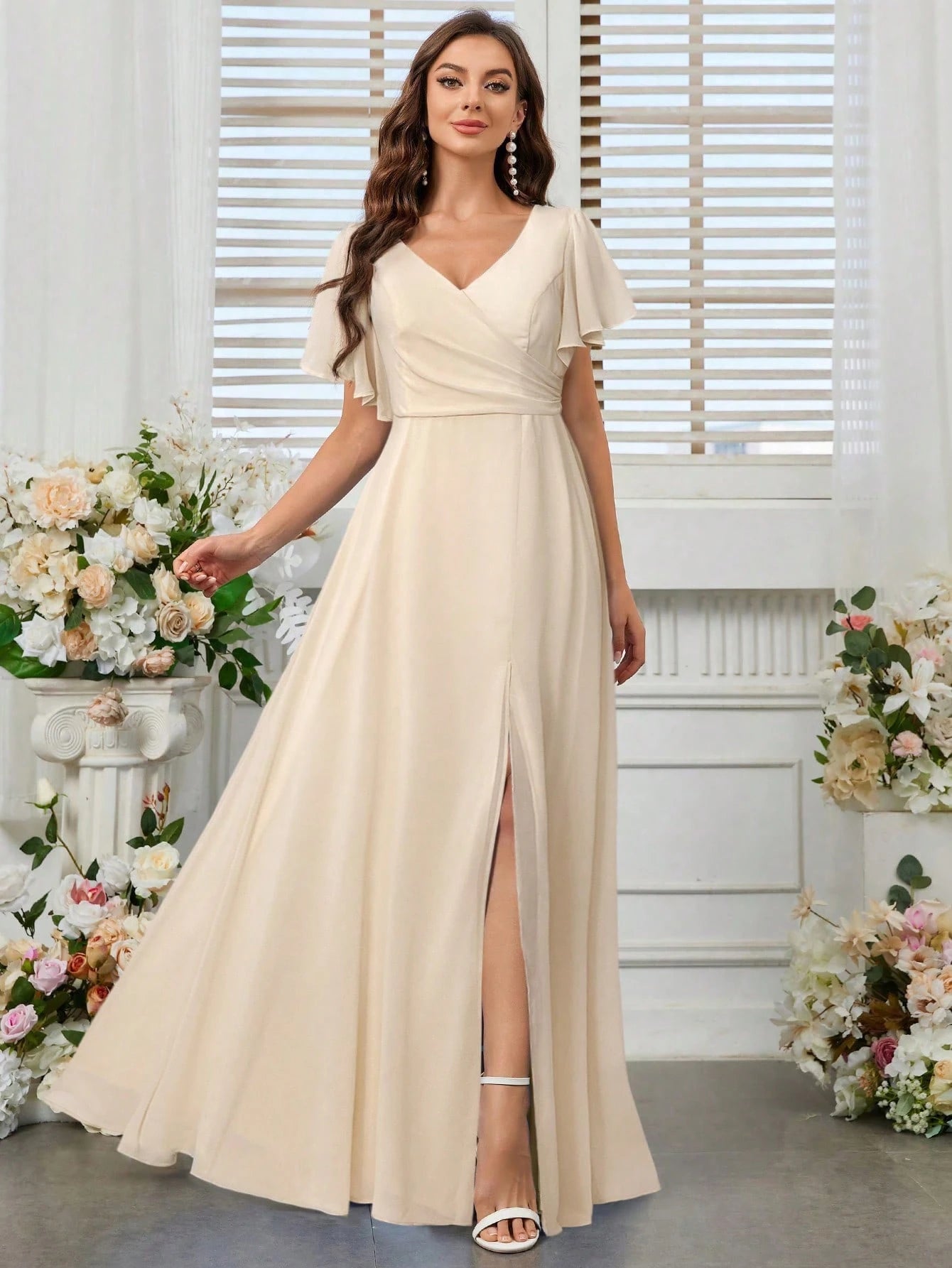 Belle Elegant Women's Light Blue Summer Wedding Bridesmaid Dress,Formal Chiffon Lotus Leaf Floating Sleeves - image 5